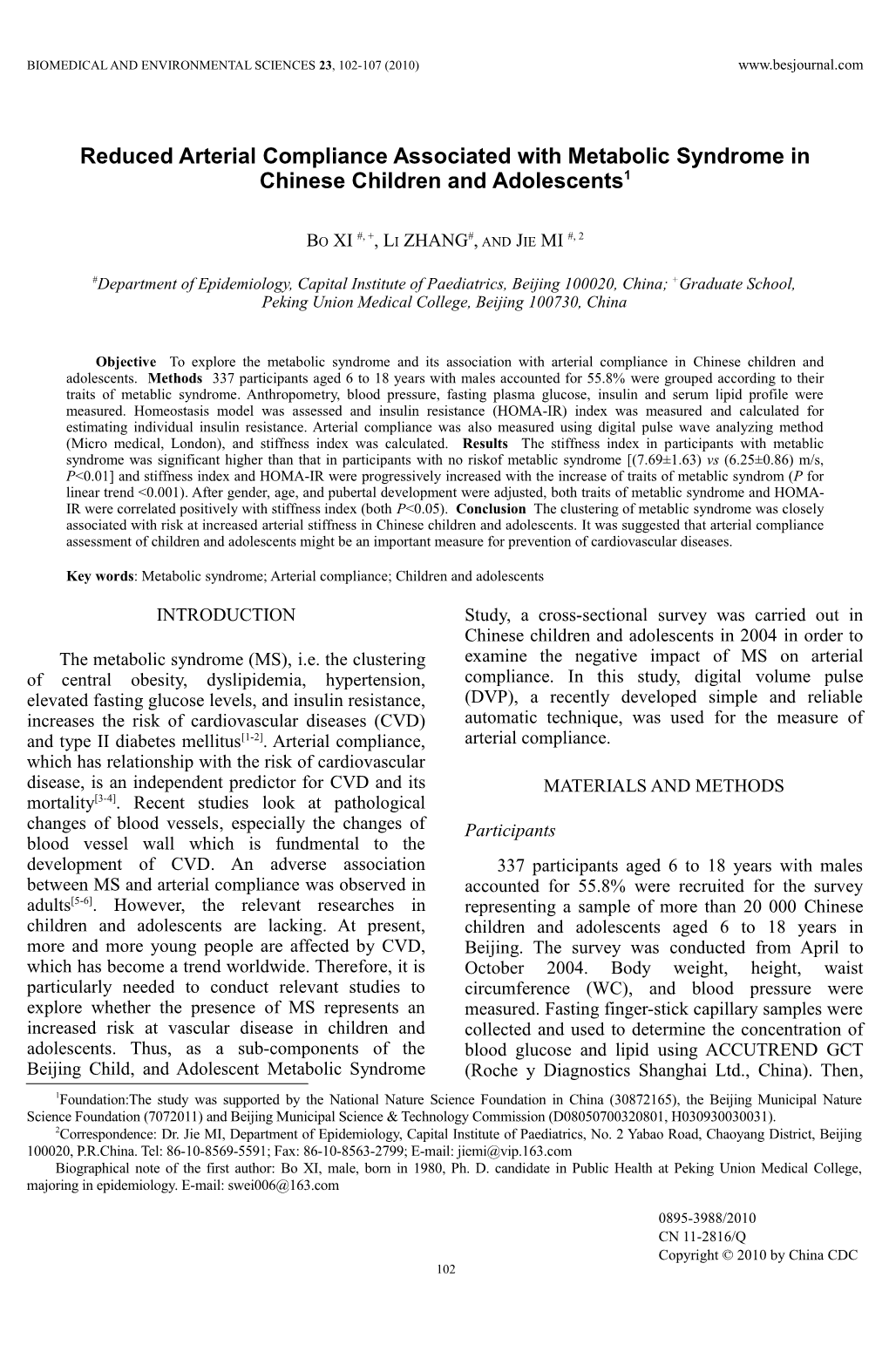 Association of Metabolic Syndrome with Arterial Compliance