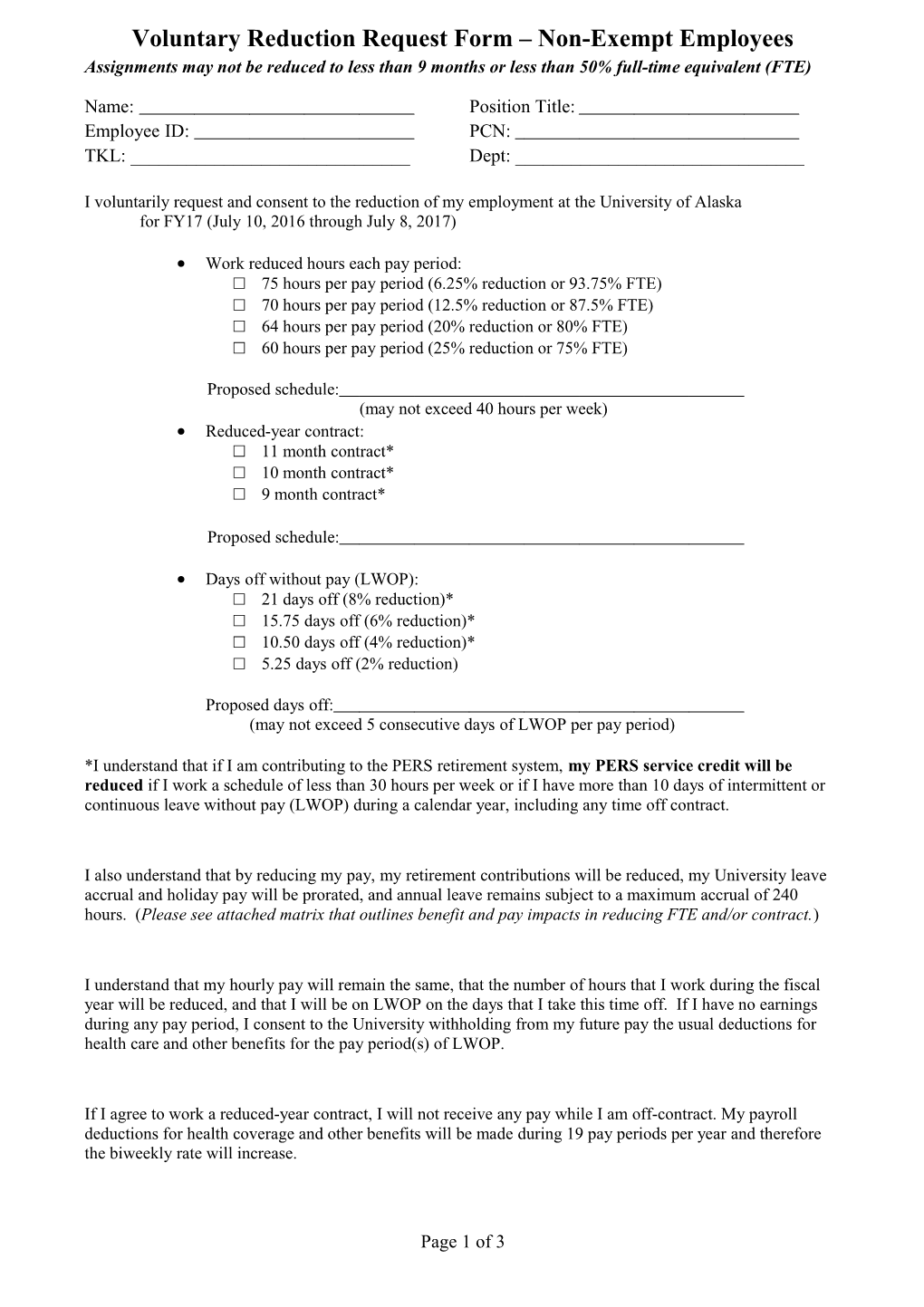 Voluntary Reduction Request Form Non-Exempt Employees