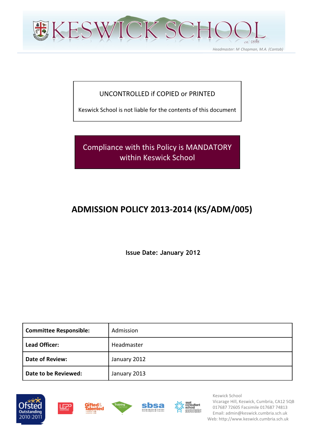 Admission Policy 2013-2014 (Ks/Adm/005)