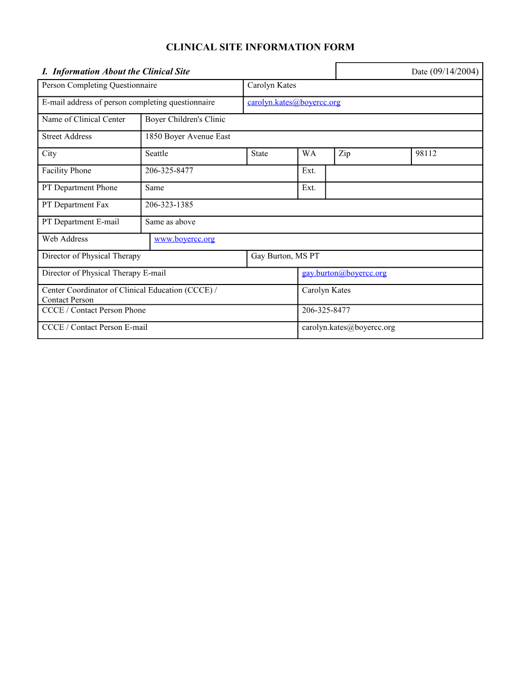 Clinical Center Information Form (Ccif)