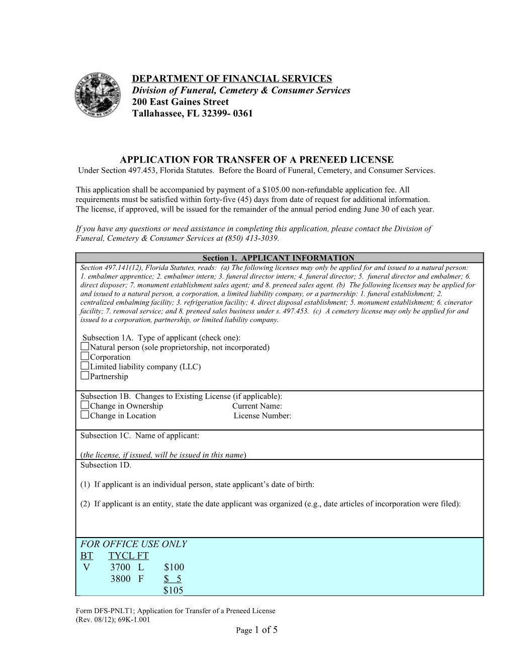 Application for Transfer of a Preneed License