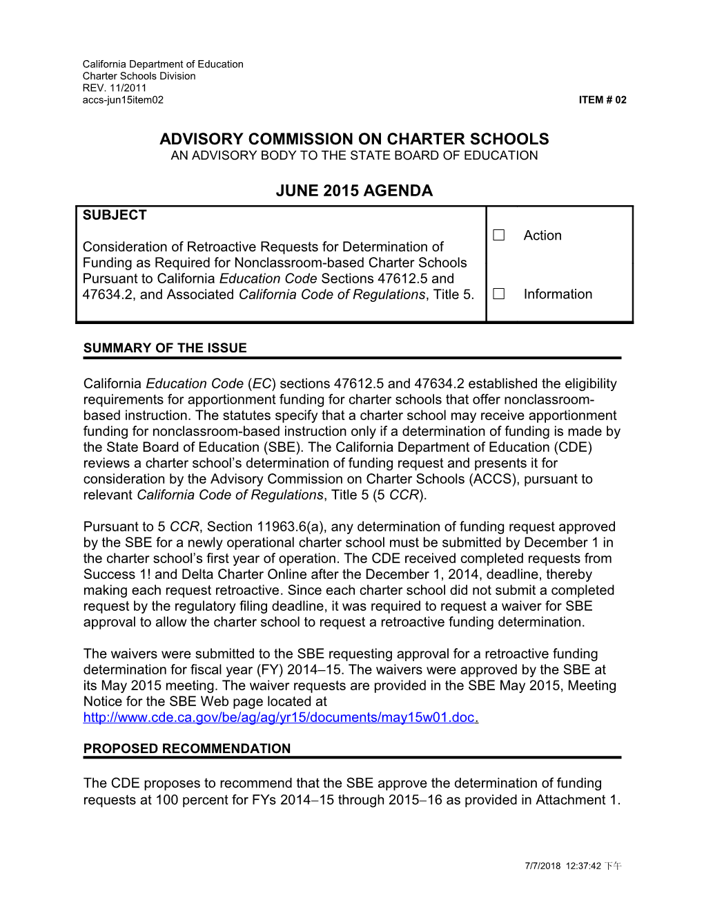 June 2015 ACCS Agenda Item 02 - Advisory Commission on Charter Schools (CA State Board