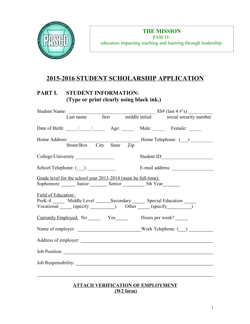2015-2016 Student Scholarship Application