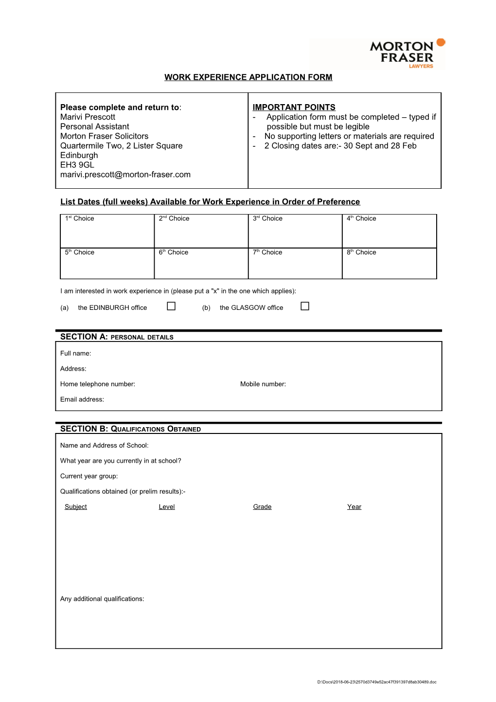 Work Experience Application Form