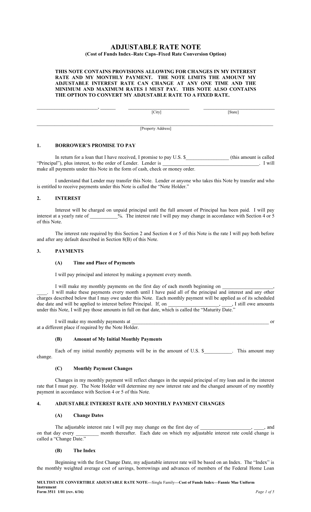 Multistate Convertible Adjustable Rate Note (Form 3511): Word