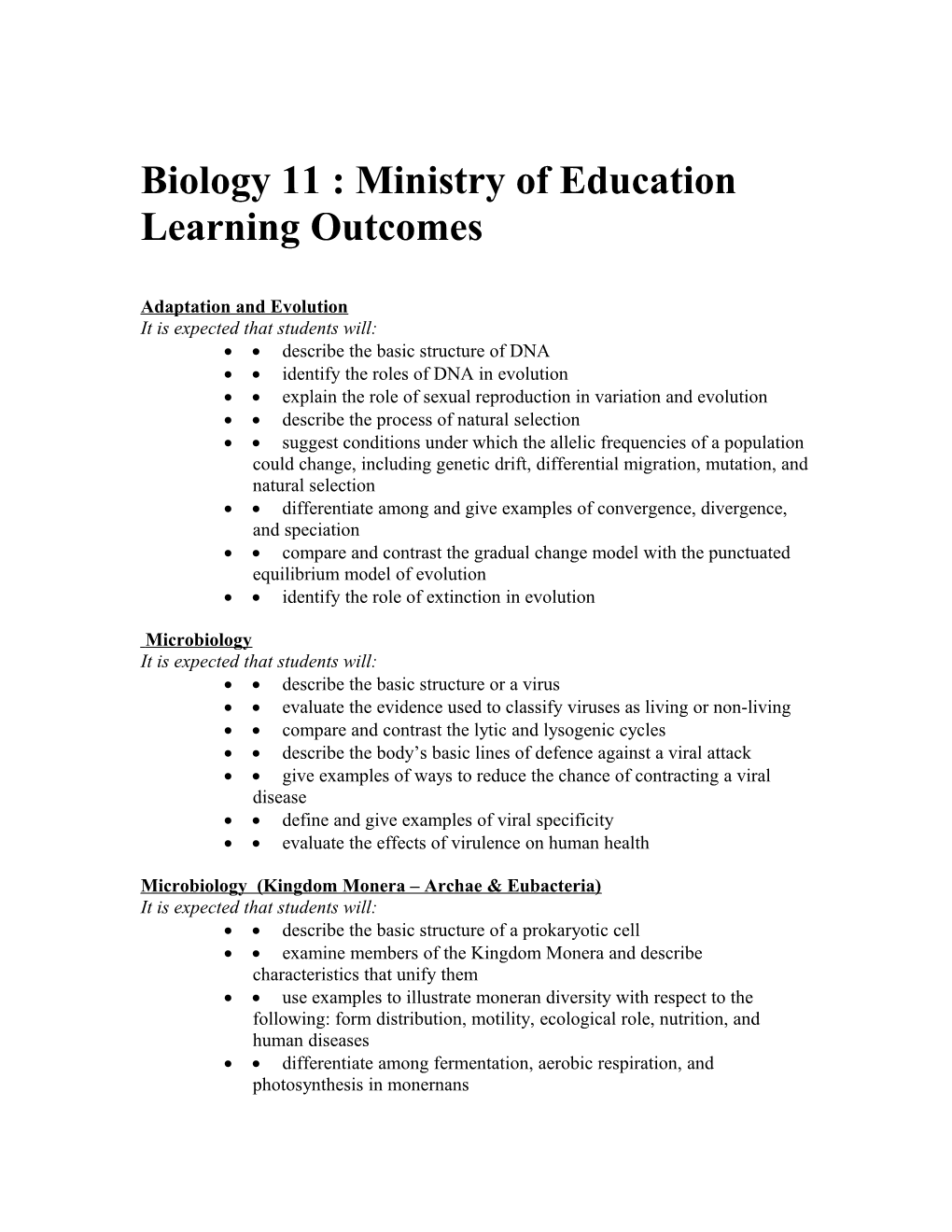 Biology 11 : Ministry of Education Learning Outcomes