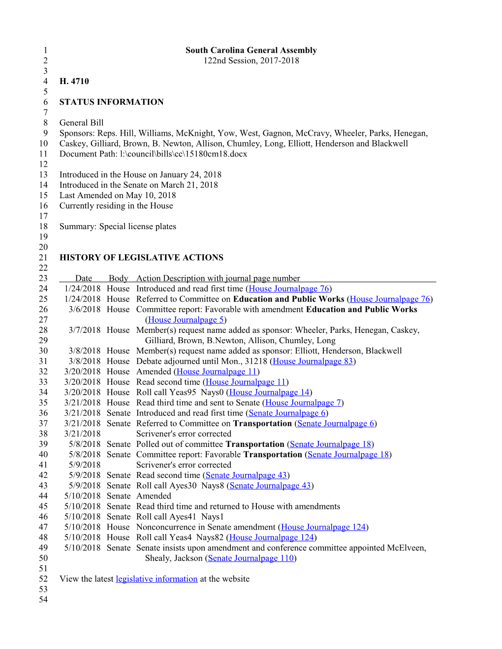 2017-2018 Bill 4710: Special License Plates - South Carolina Legislature Online