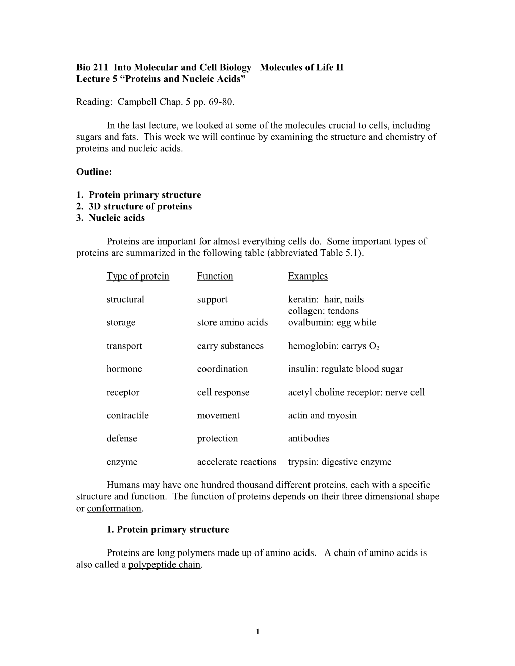 Bio 210 Cell Chemistry Lecture 5 Proteins and Nucleic Acids