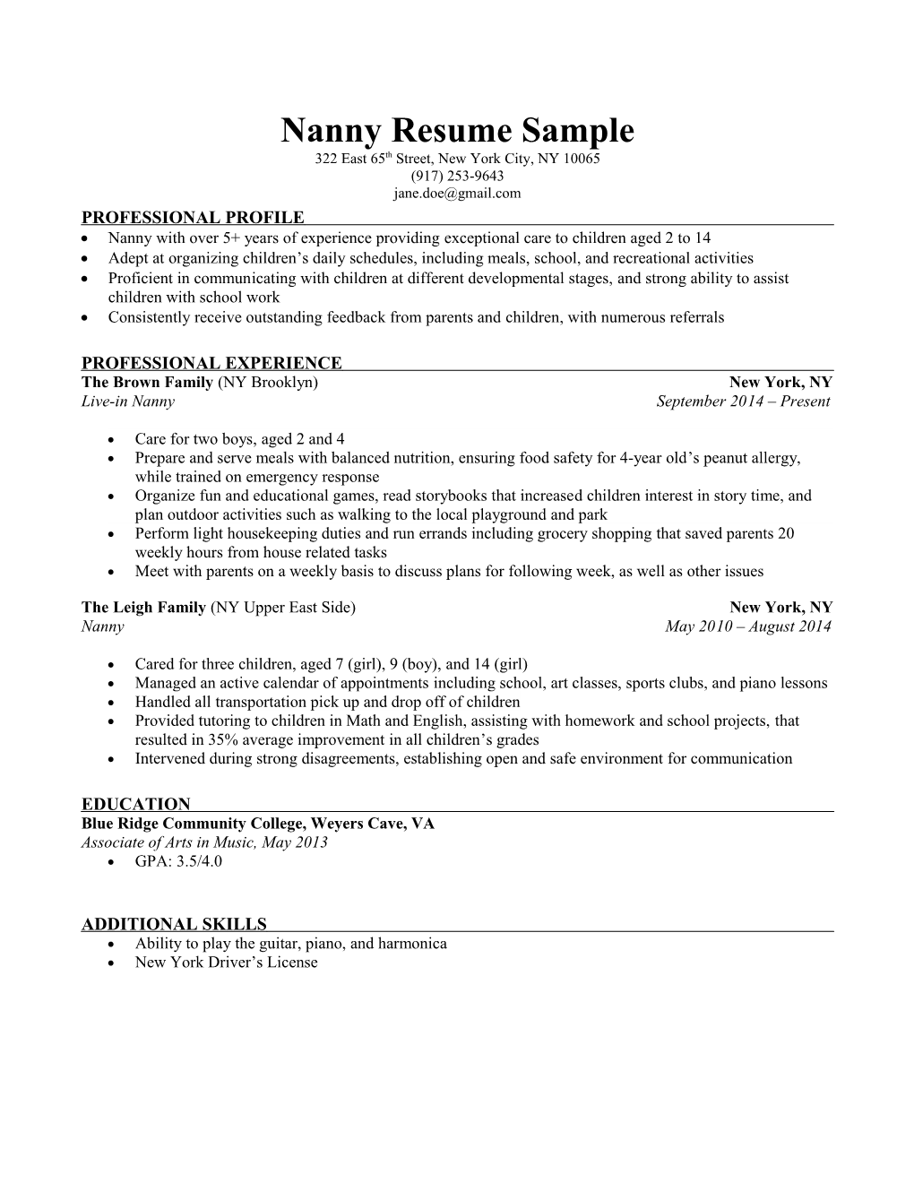 Nanny Resume Sample