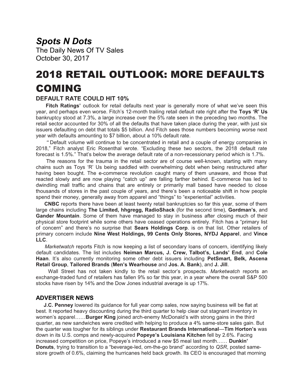 2018 Retail Outlook: More Defaults Coming