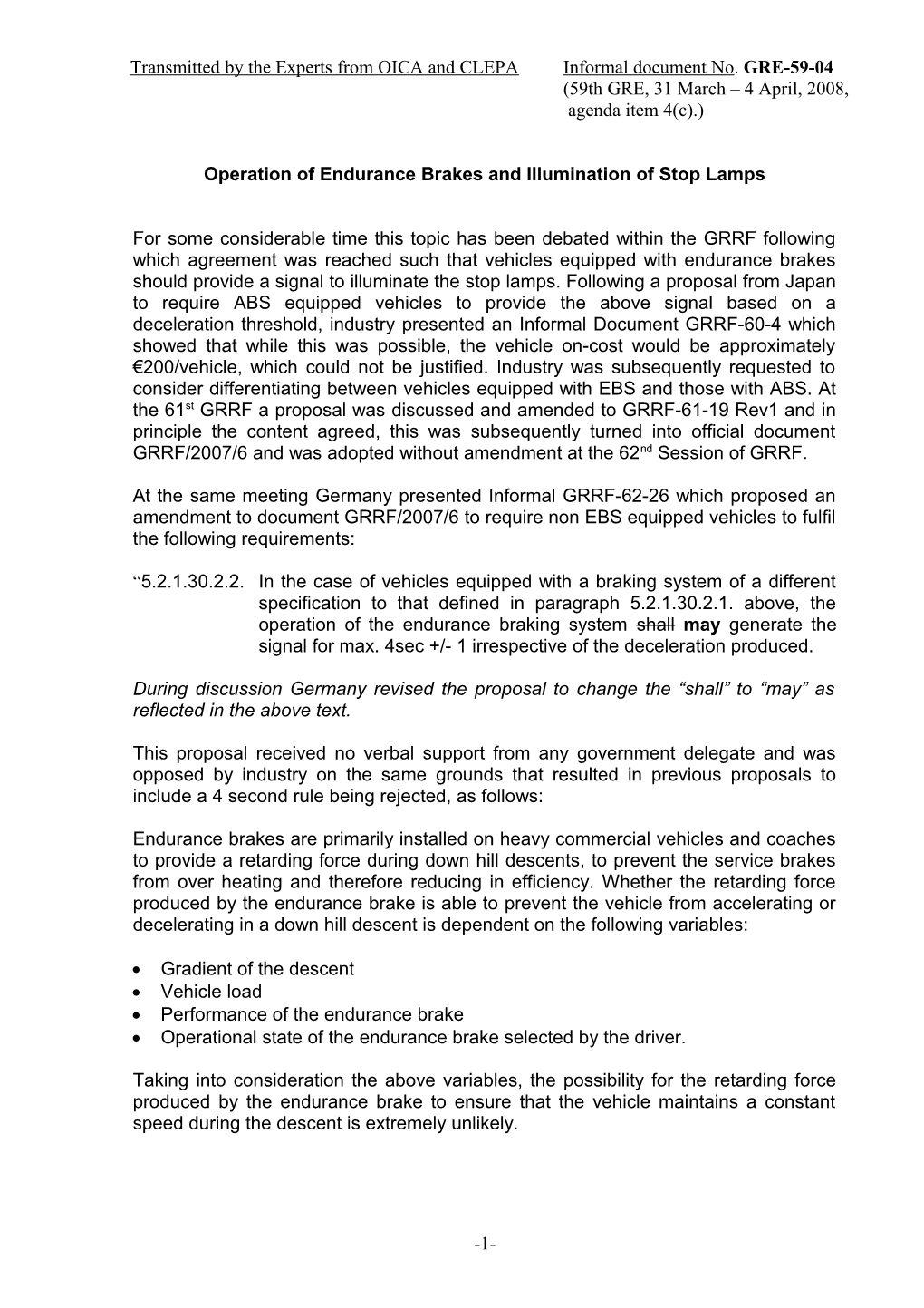 Operation of Endurance Brakes and Illumination of Stop Lamps