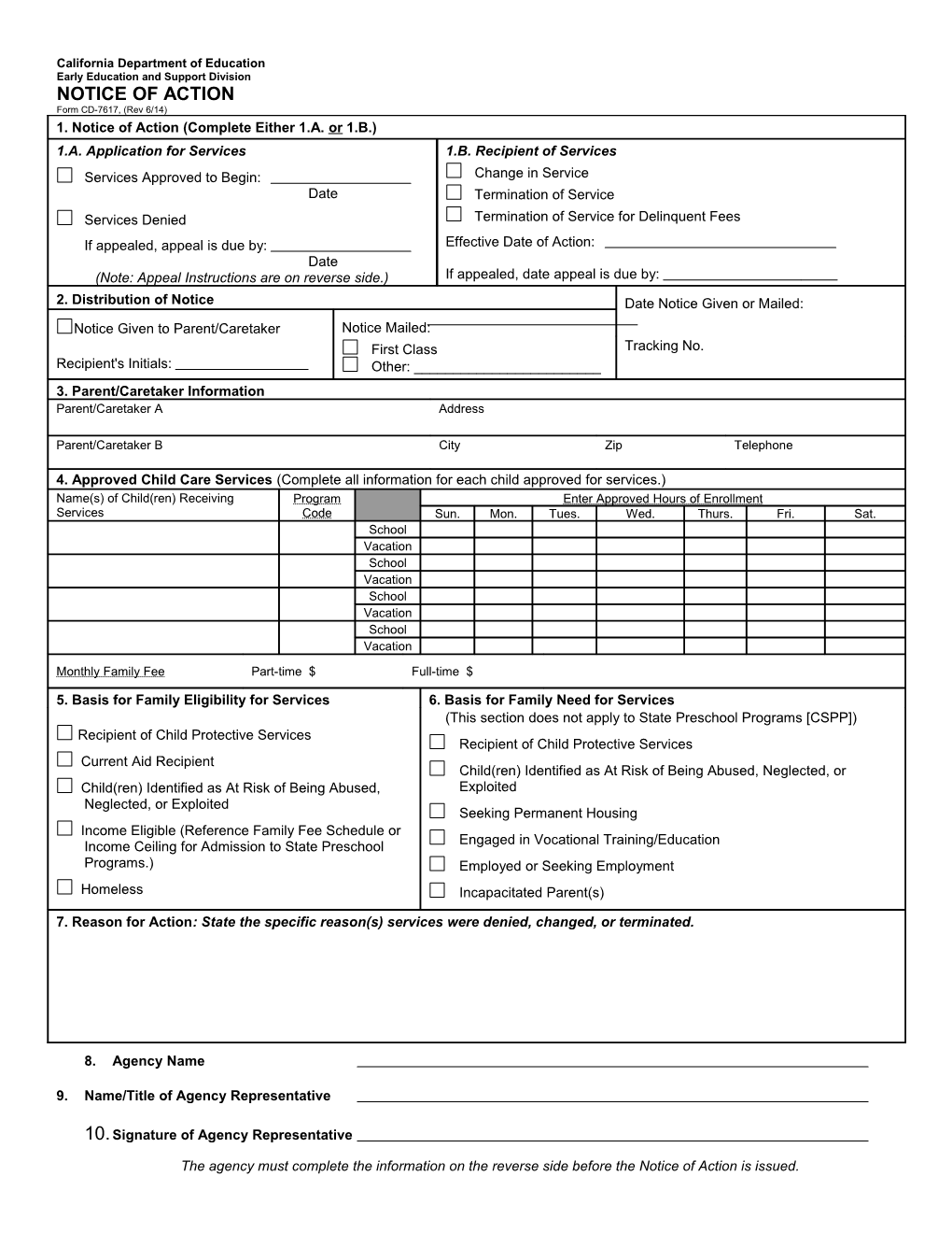 Notice of Action, Form CD 7617 - Child Development (CA Dept of Education)