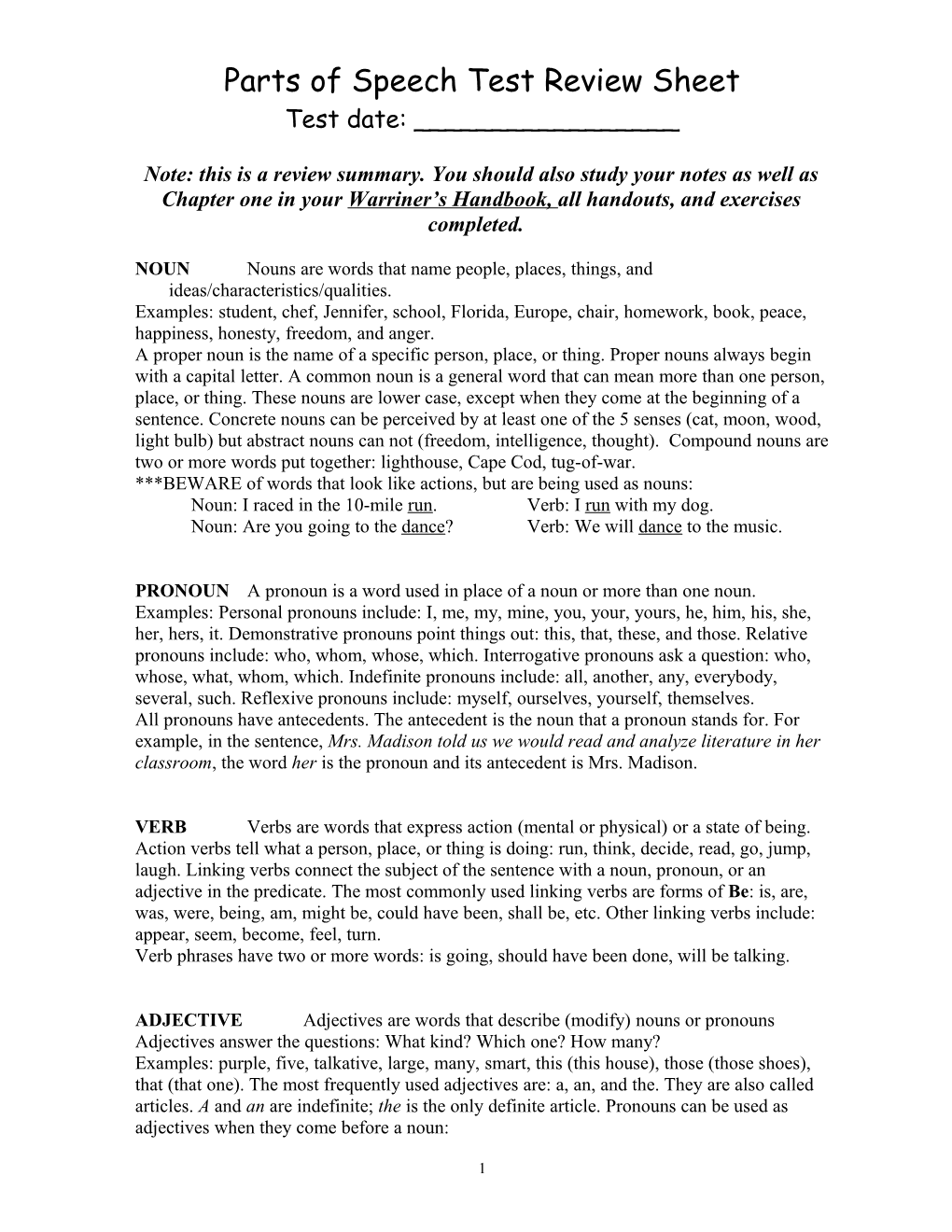 Parts of Speech Test Review Sheet