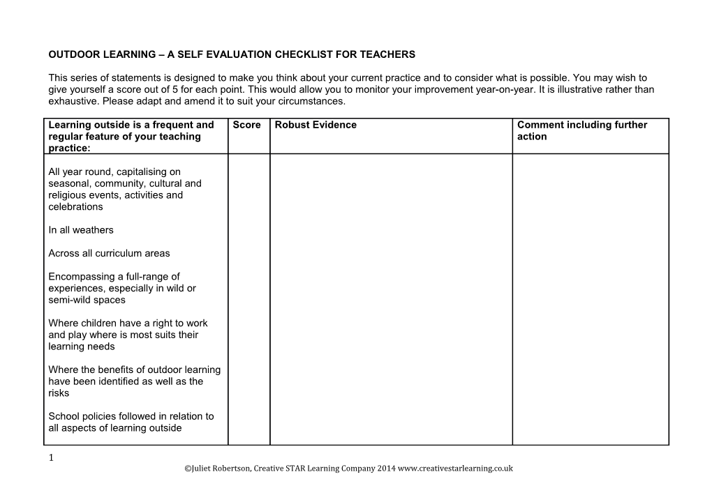 Outdoor Learning a Self Evaluation Checklist for Teachers