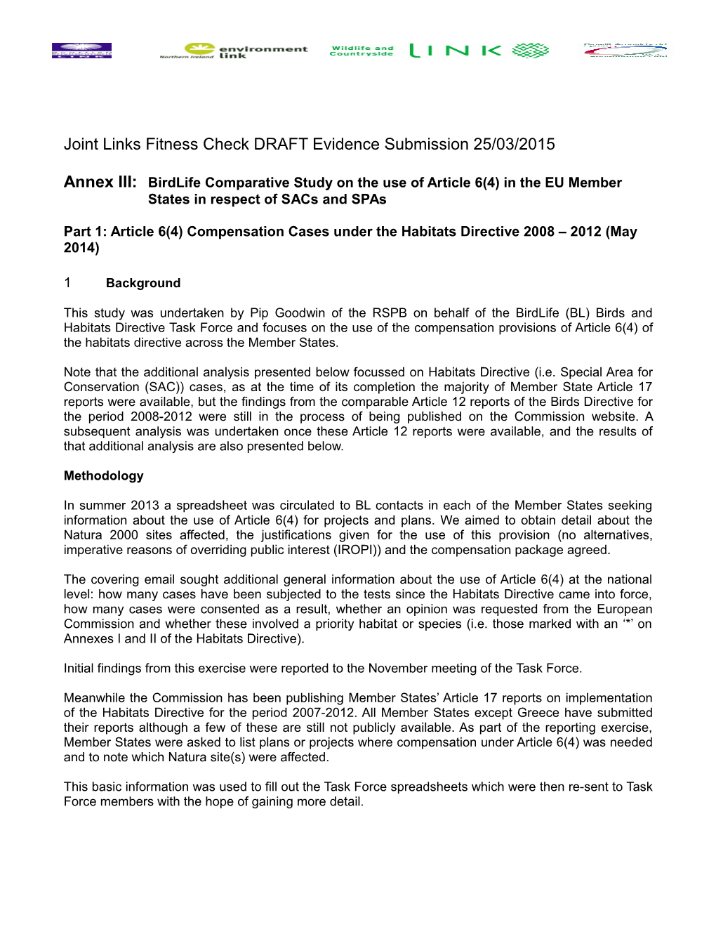 Joint Links Fitness Check DRAFT Evidence Submission 25/03/2015