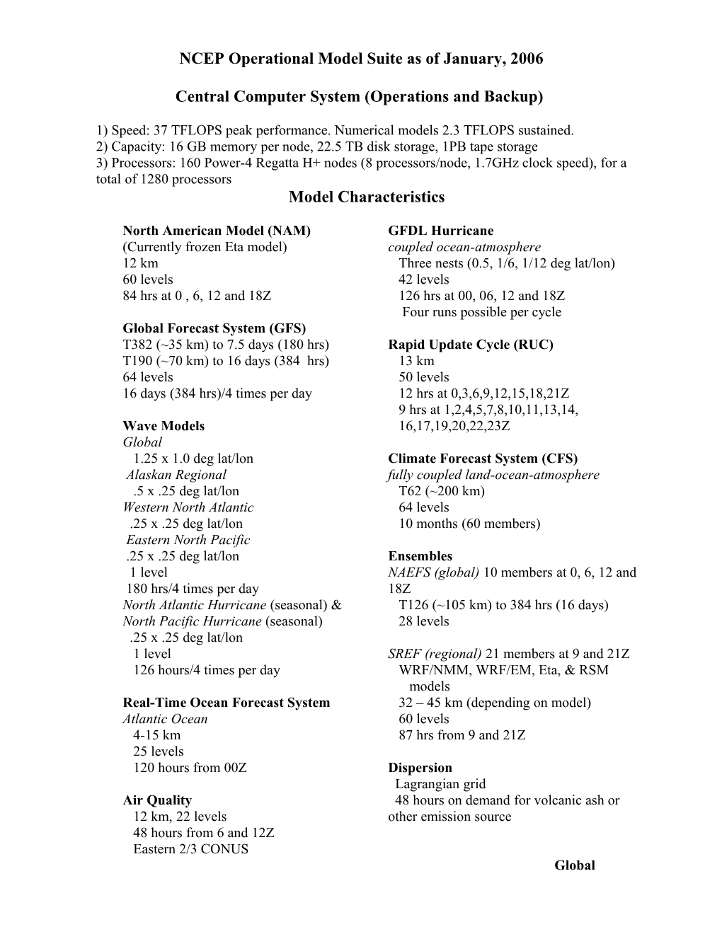 NCEP Operational Model Suite As of October, 2005