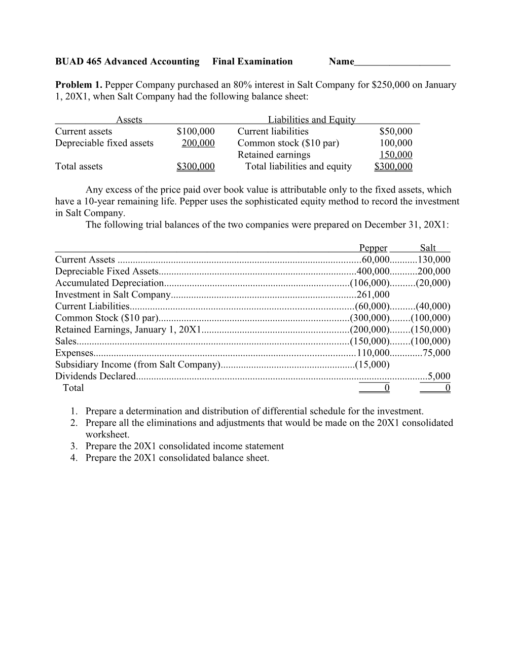 BUAD 465 Advanced Accounting Final Examination Name