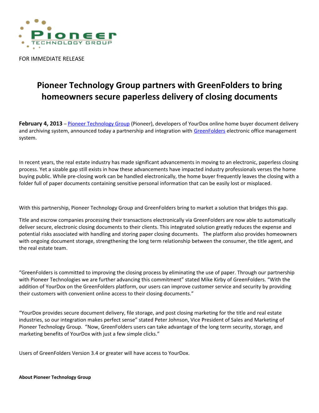 Pioneer Technology Group Partners with Greenfolders to Bring Homeowners Secure Paperless