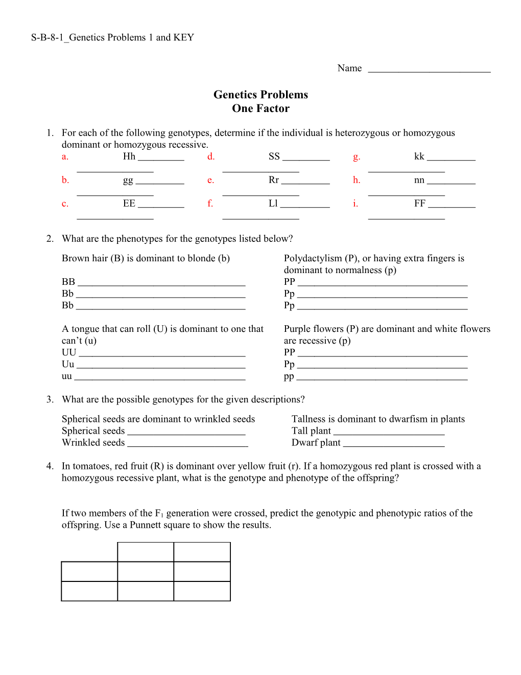 S-B-8-1 Genetics Problems 1 and KEY