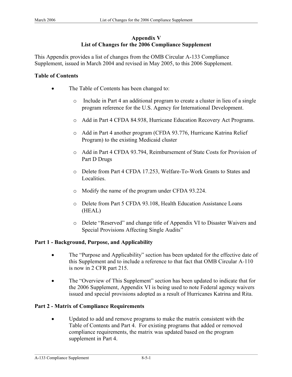 List of Changes for the 2006 Compliance Supplement