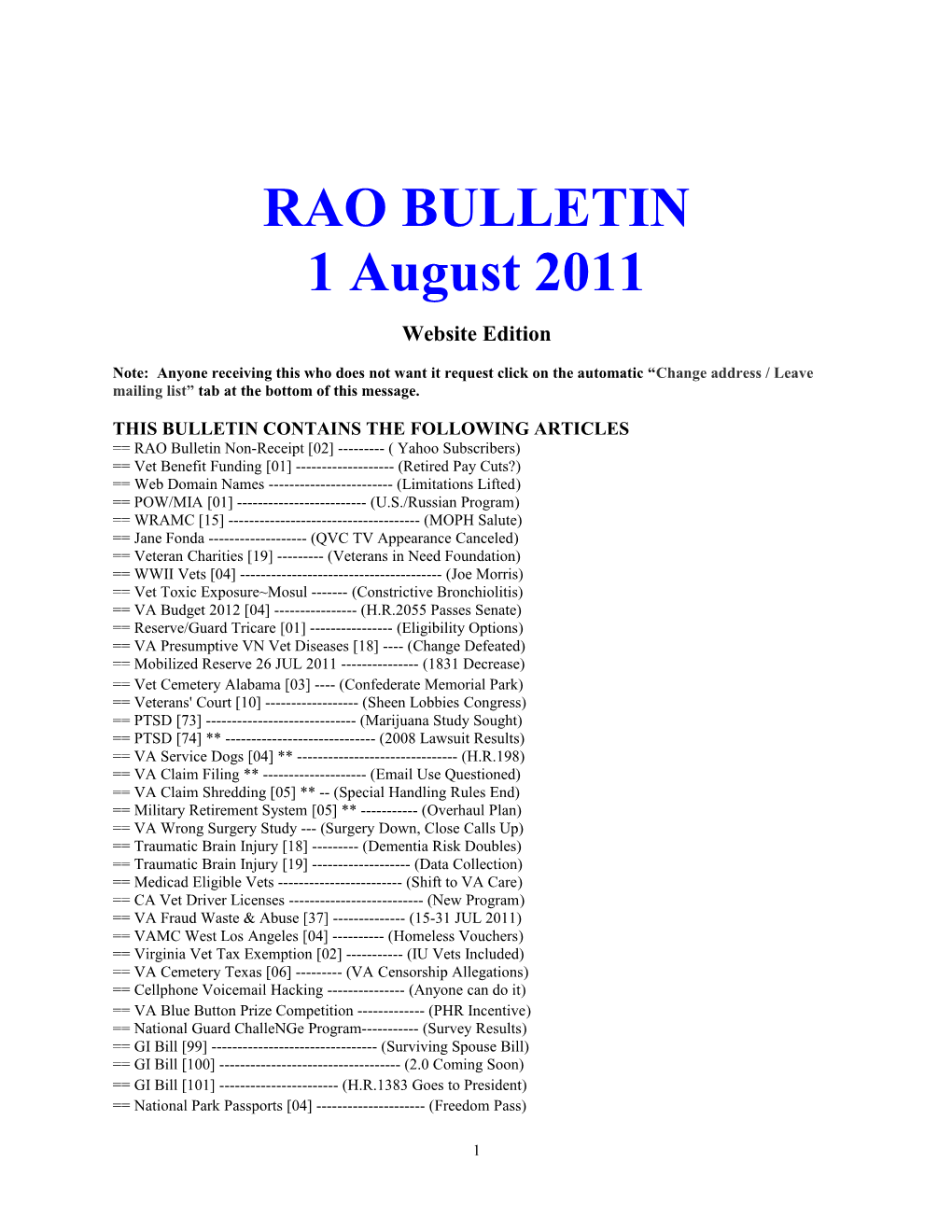 RAO Bulletin Update 15 Oct 2007