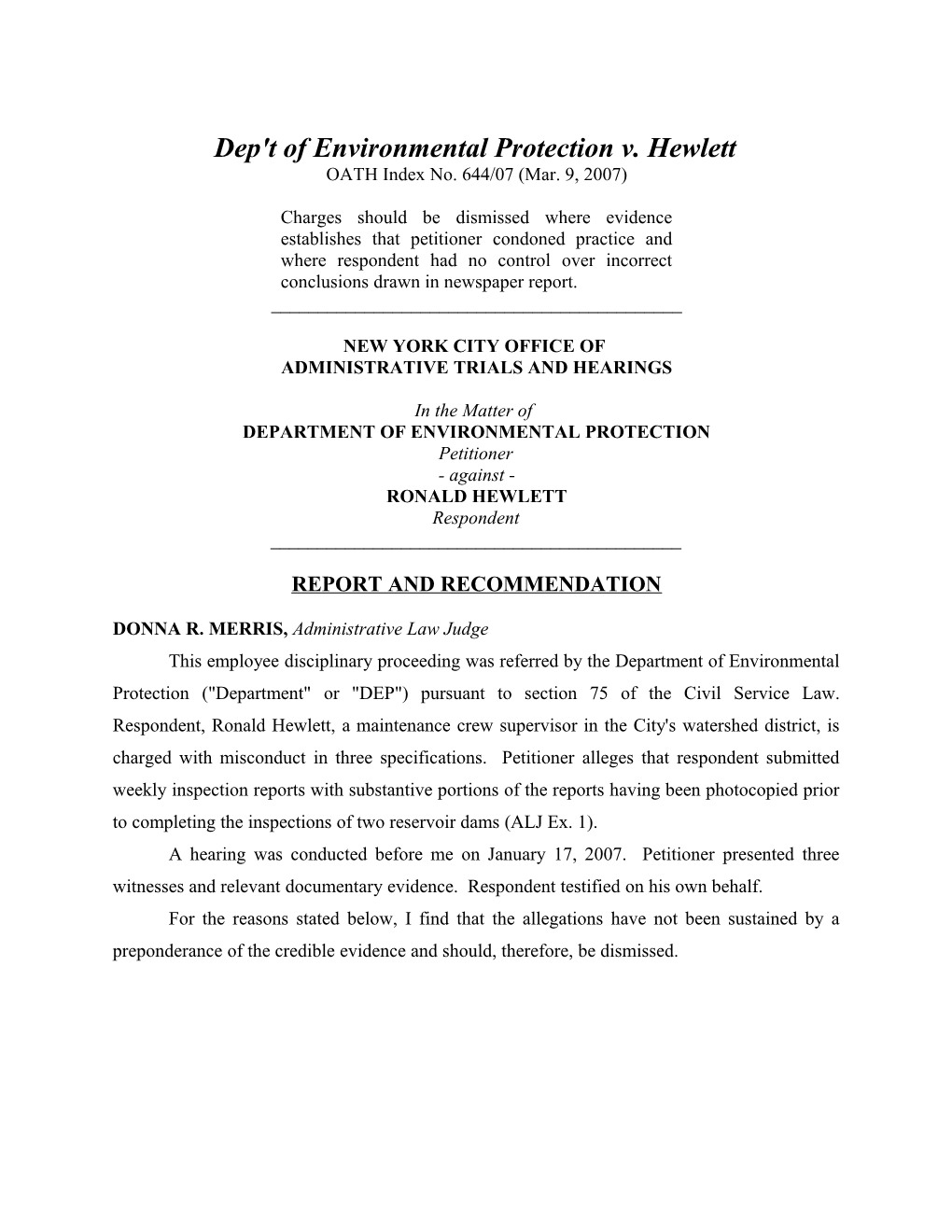 Dep't of Environmental Protection V