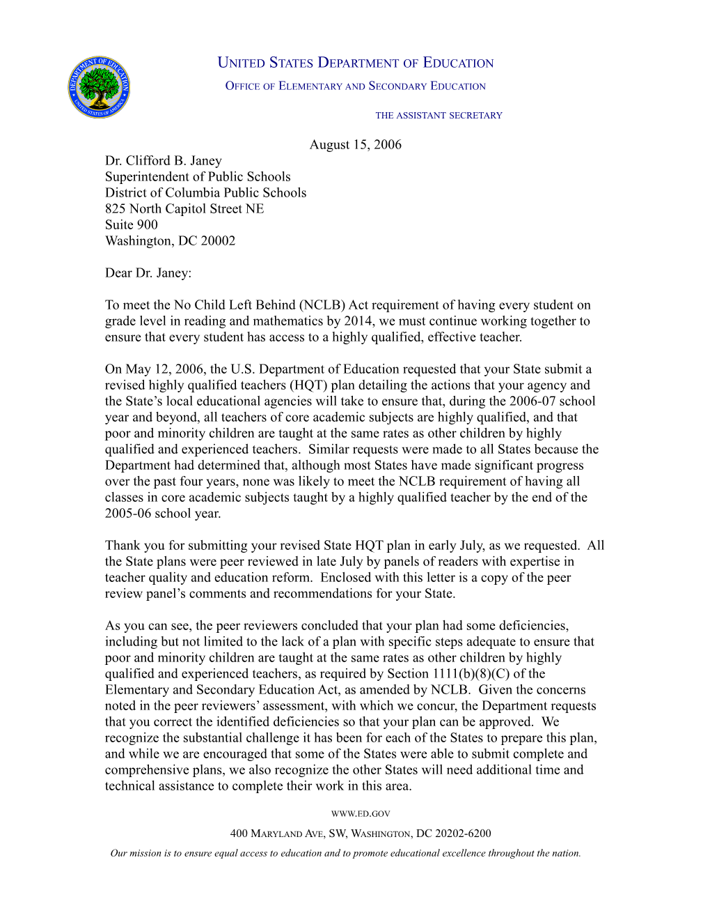 District of Columbia Letter to Chief State School Officer Regarding the Peer Review Comments