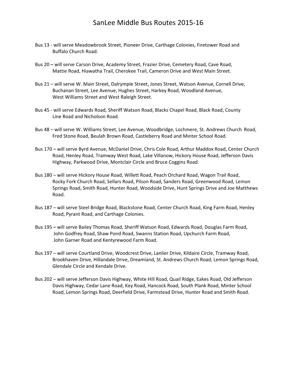 Sanlee Middle Bus Routes 2015-16