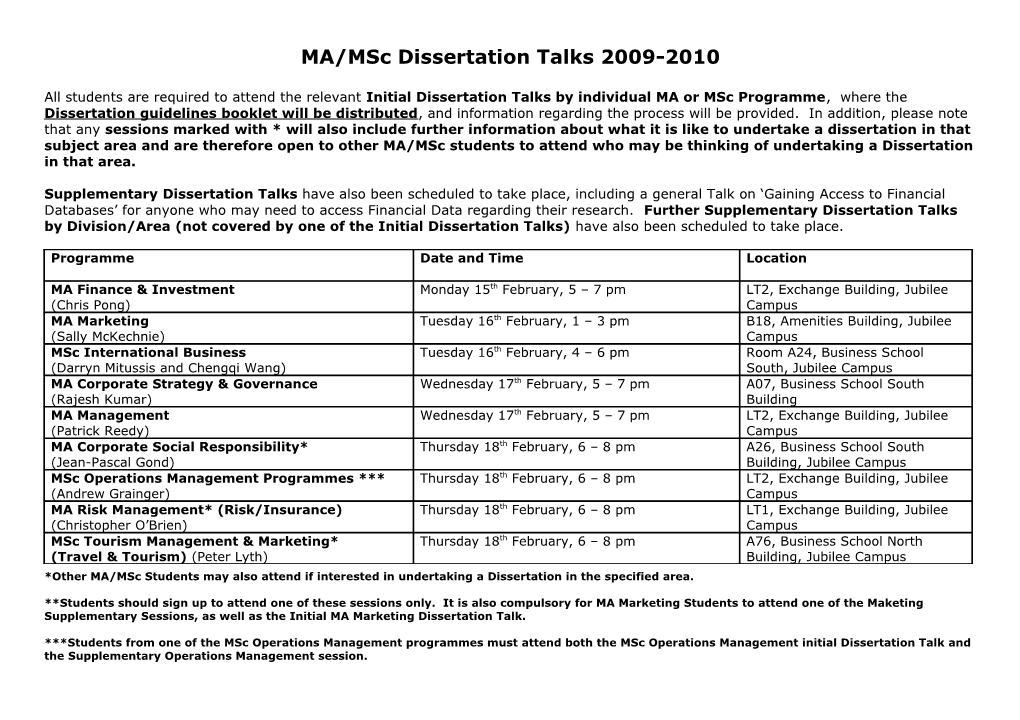 MA/Msc Dissertation Talks