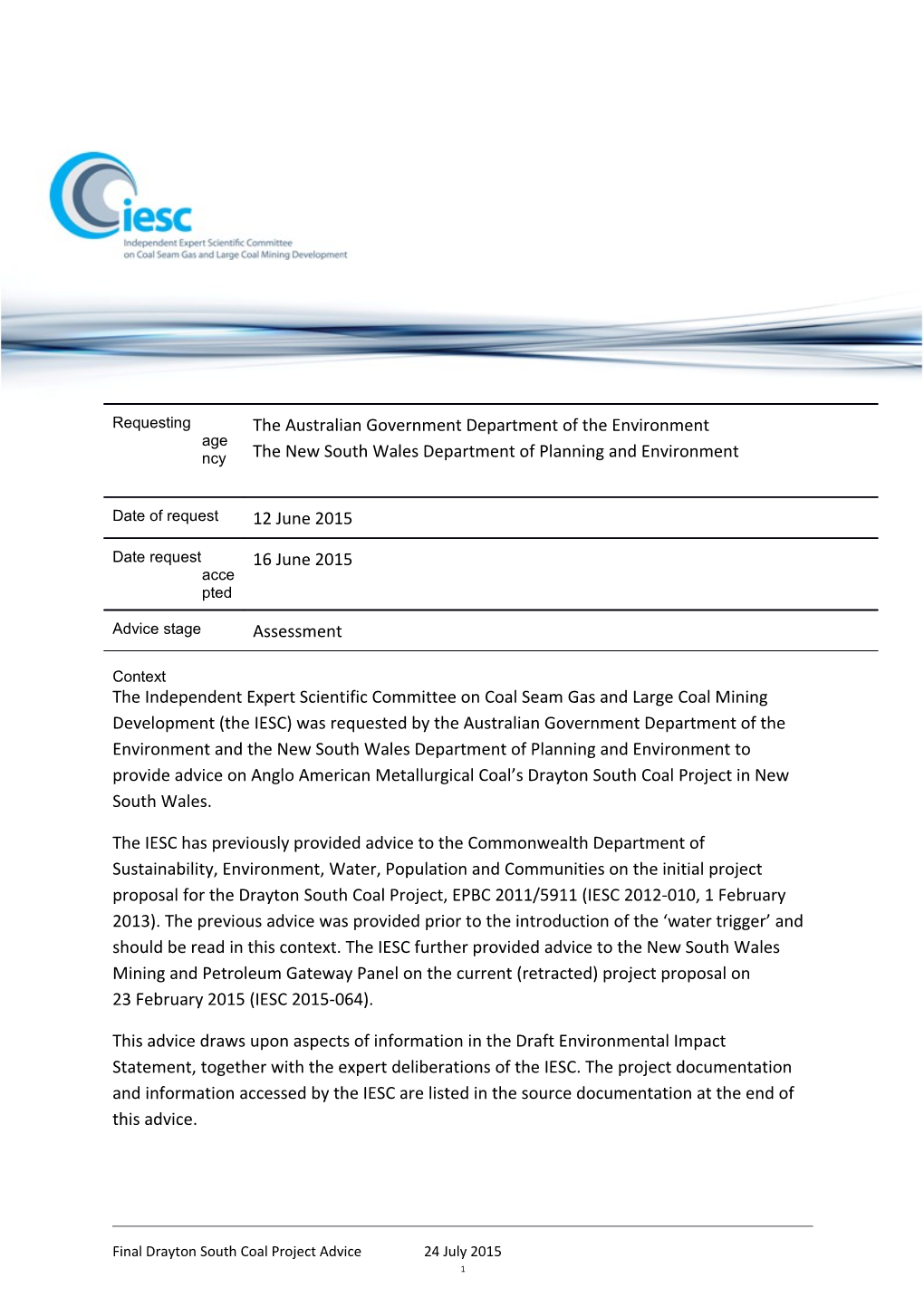 Advice to Decision Maker on Coal Mining Project IESC 2015-069: Drayton South Coal Project