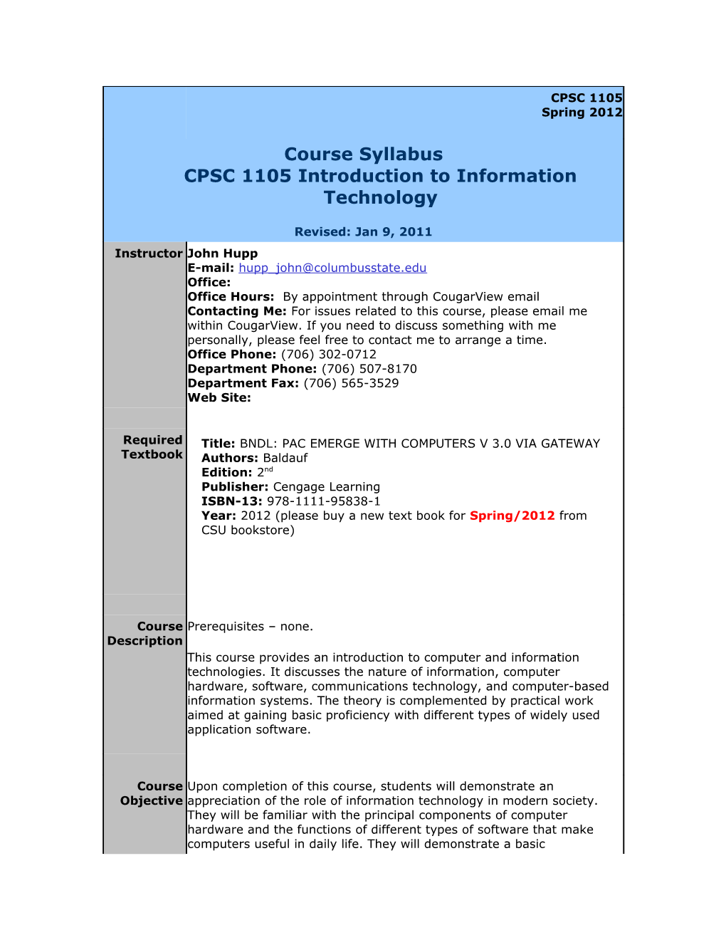 CPSC 1105 Fall 2010 Syllabus s1