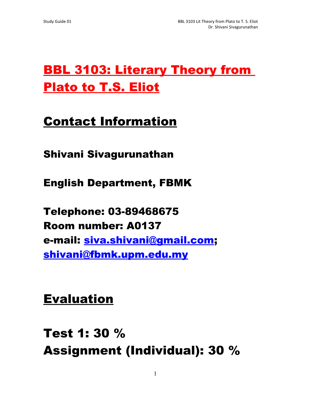 Study Guide 01 BBL 3103 Lit Theory from Plato to T. S. Eliot