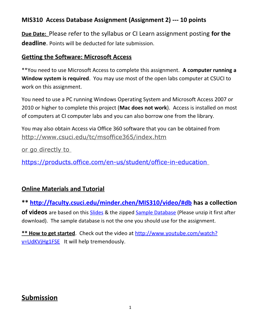 MIS310 Access Database Assignment (Assignment 2) 10 Points