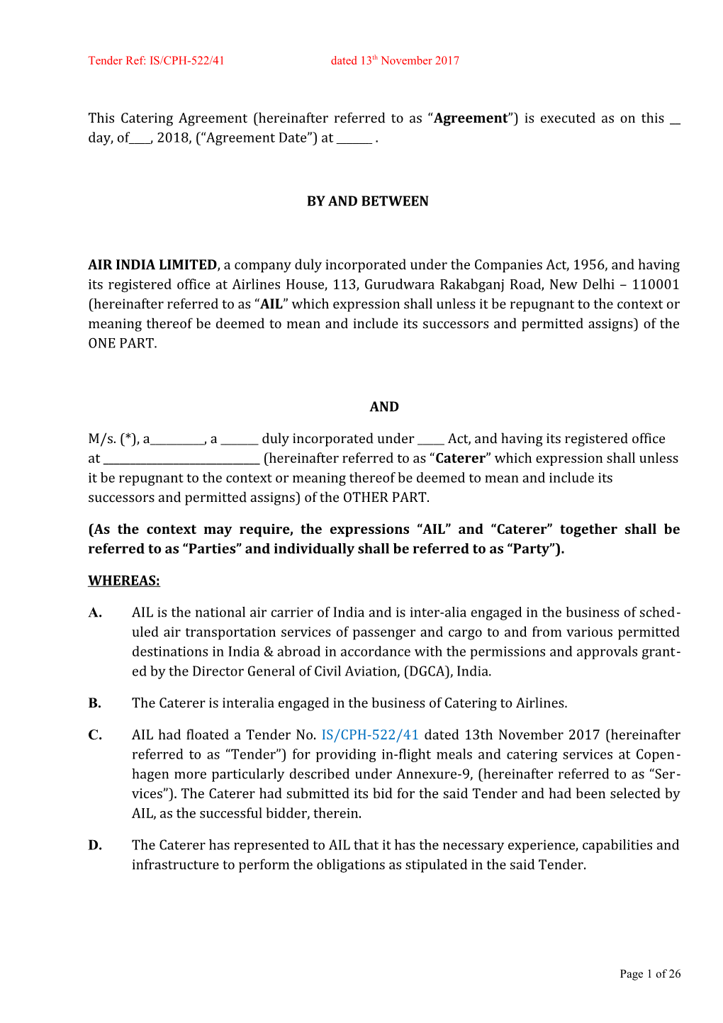 This Catering Agreement (Hereinafter Referred to As Agreement ) Is Executed As on This
