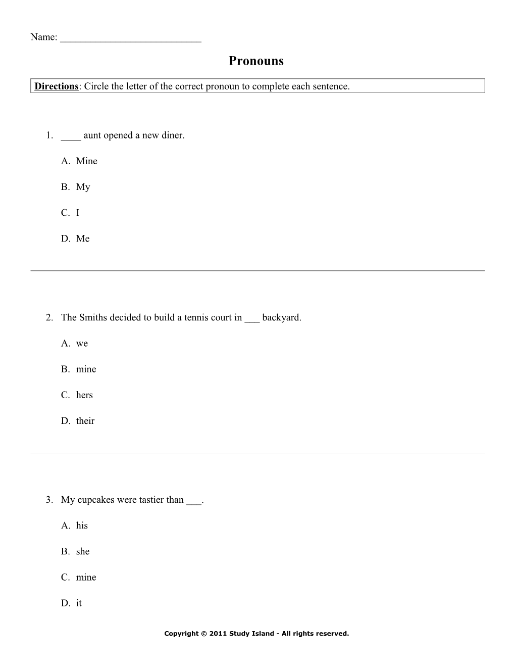 Directions: Circle the Letter of the Correct Pronoun to Complete Each Sentence