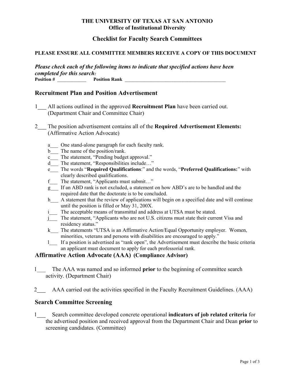 Checklist for Faculty Search Committees