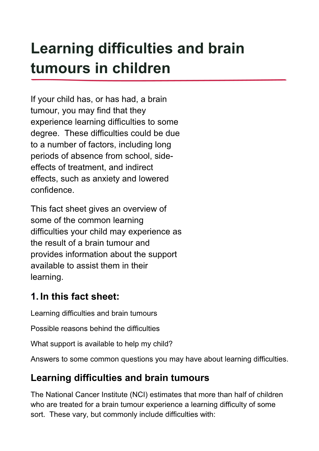 Learning Difficulties and Brain Tumours in Children