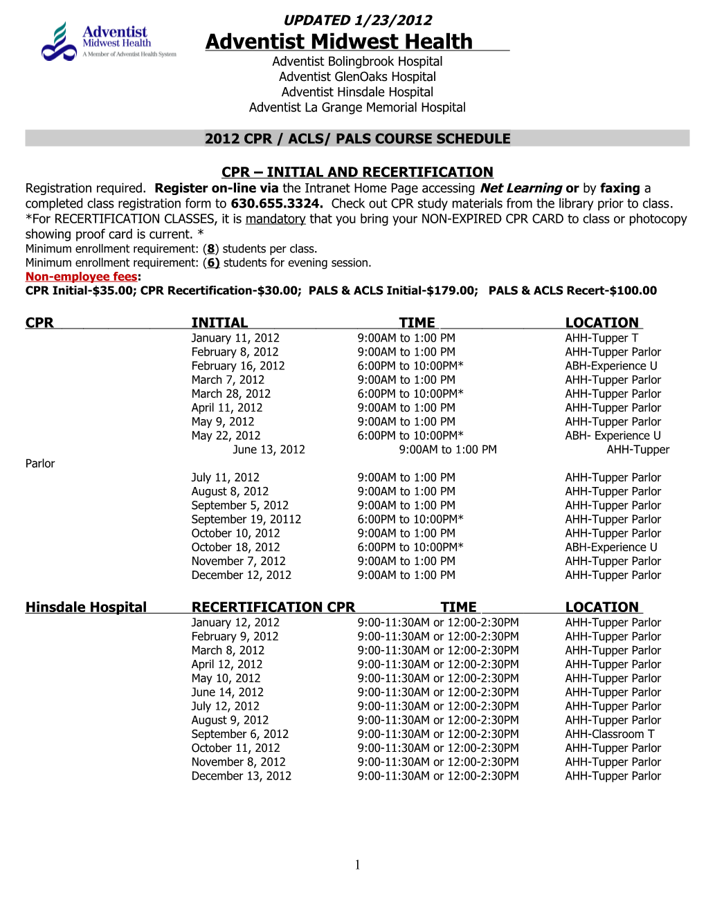 2005 Cpr / Acls/ Pals Course Calendar