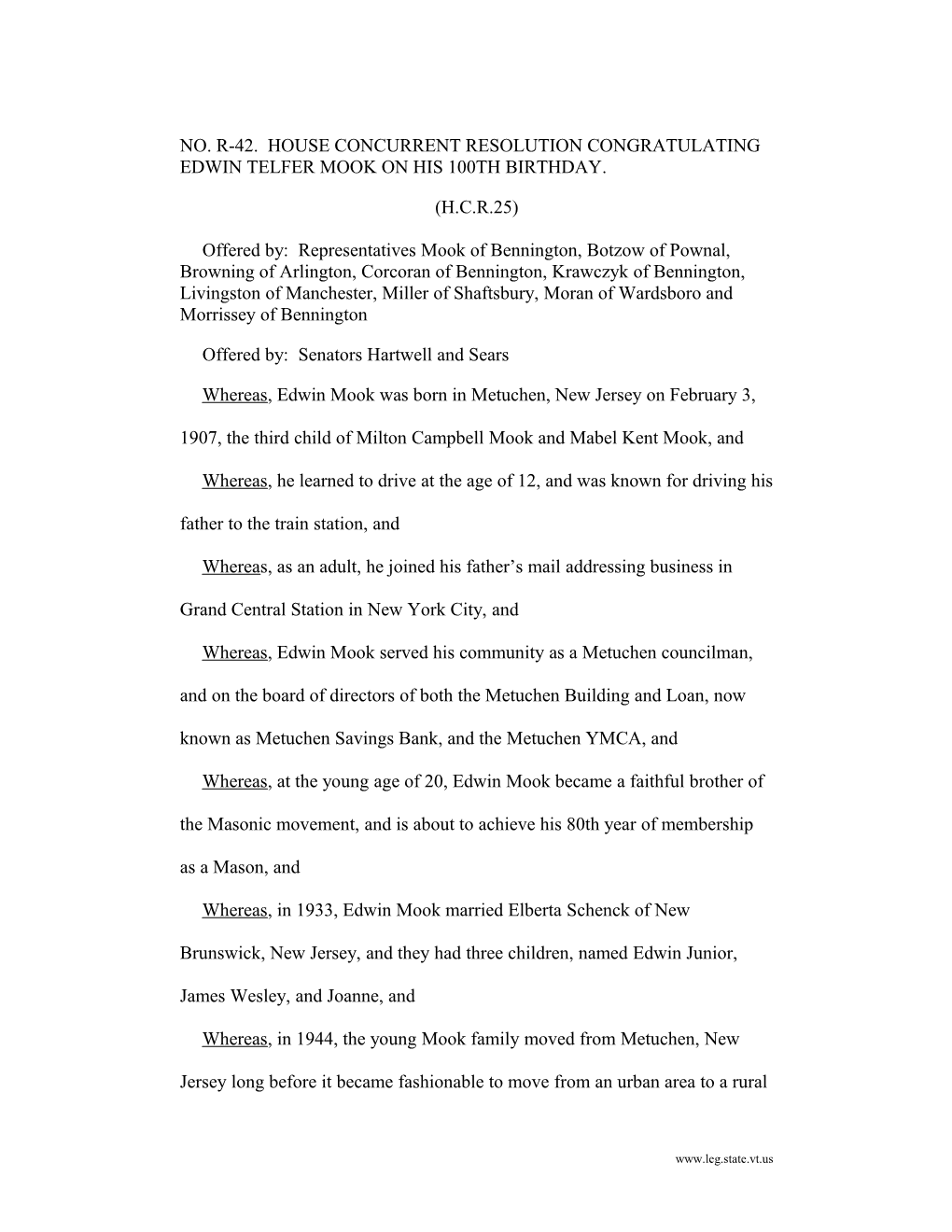 NO. R-42. House Concurrent Resolution Congratulating Edwin Telfer Mook on His 100Th Birthday