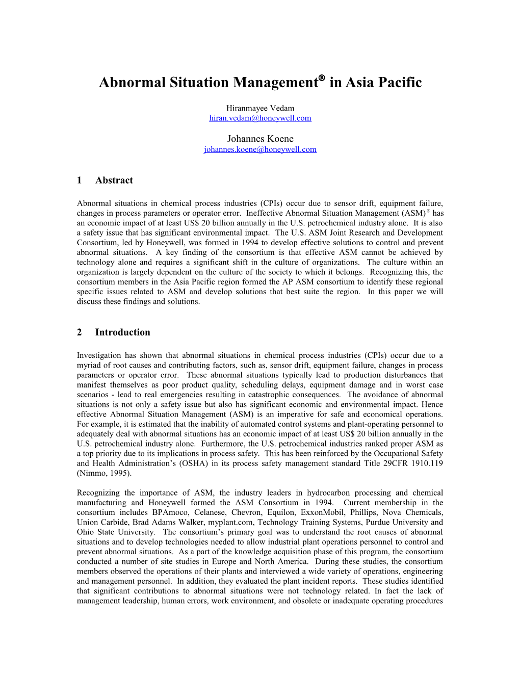 Abnormal Situation Management in Asia Pacific