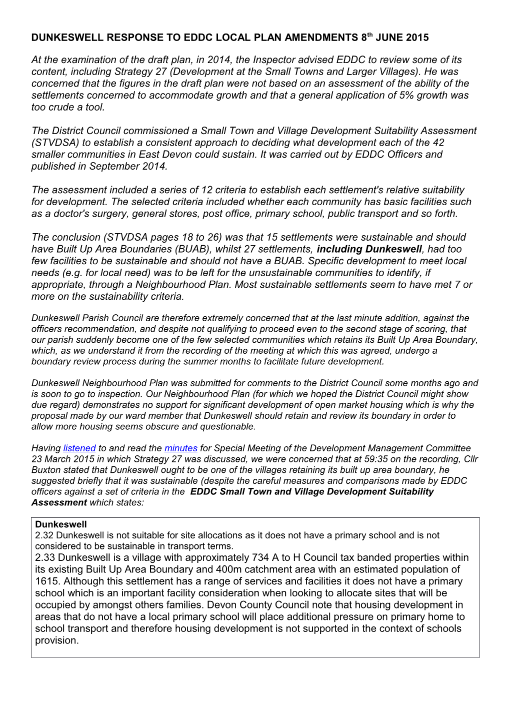 DUNKESWELL RESPONSE to EDDC LOCAL PLAN AMENDMENTS 8Th JUNE 2015