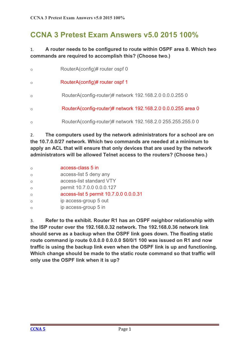 CCNA 3 Pretest Exam Answers V5.0 2015 100%