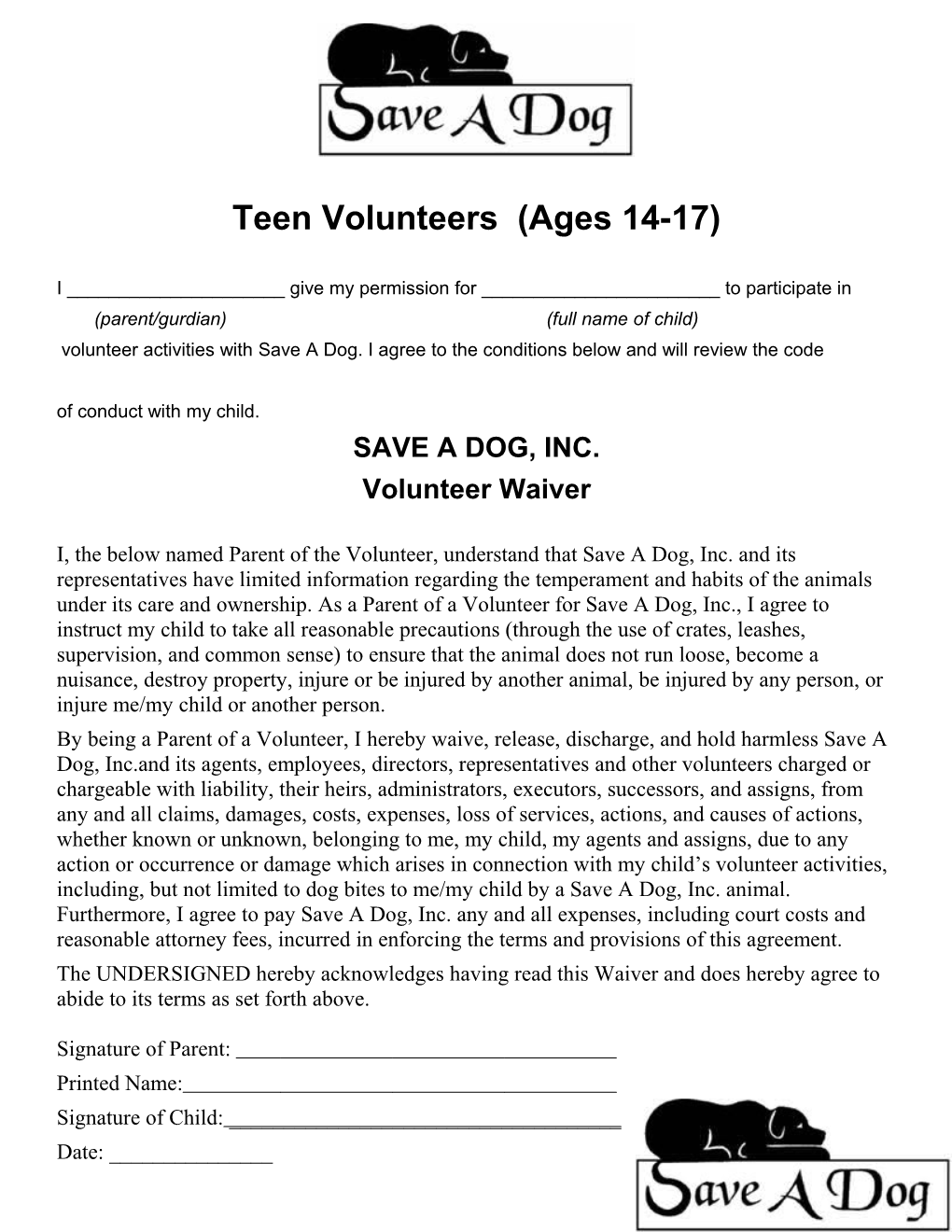 Teen Volunteers (Ages 14-17)