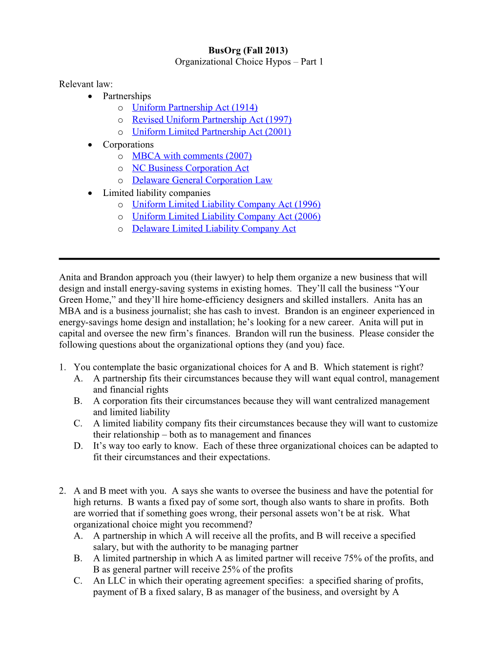 Organizational Choice Hypos Part 1