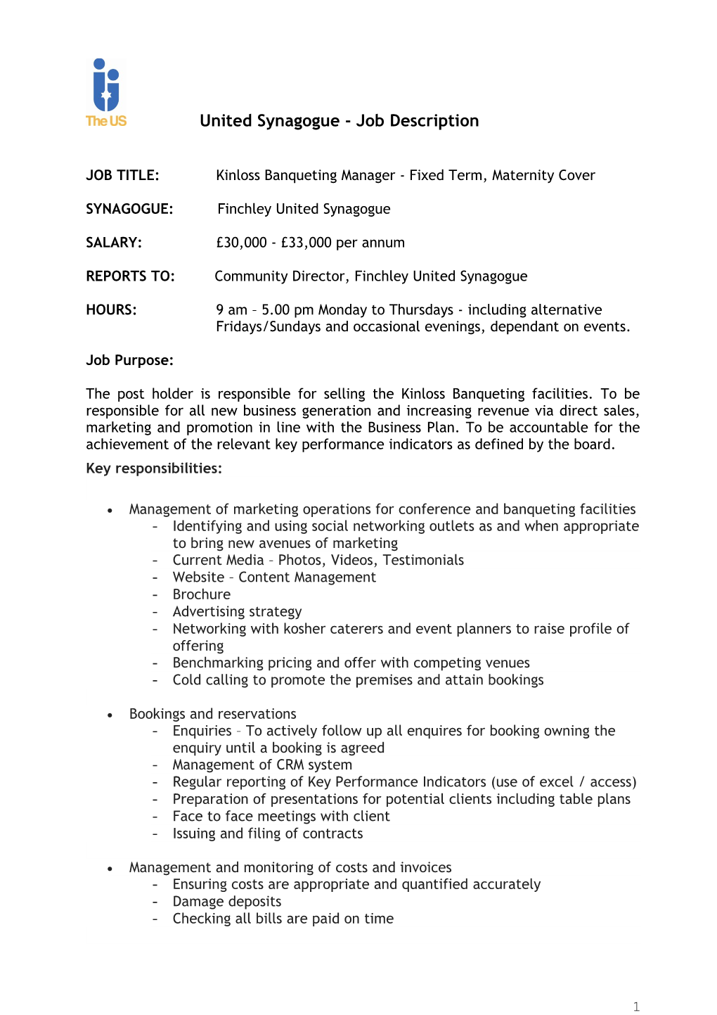 Job Title: Kinloss Banqueting Manager - Fixed Term, Maternity Cover