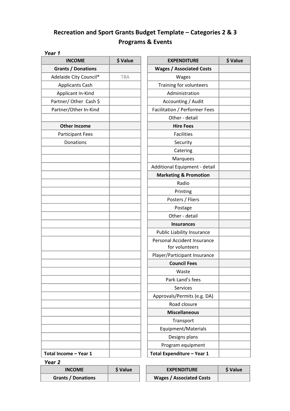 Recreation and Sport Grants Budget Template Categories 2 & 3 Programs & Events