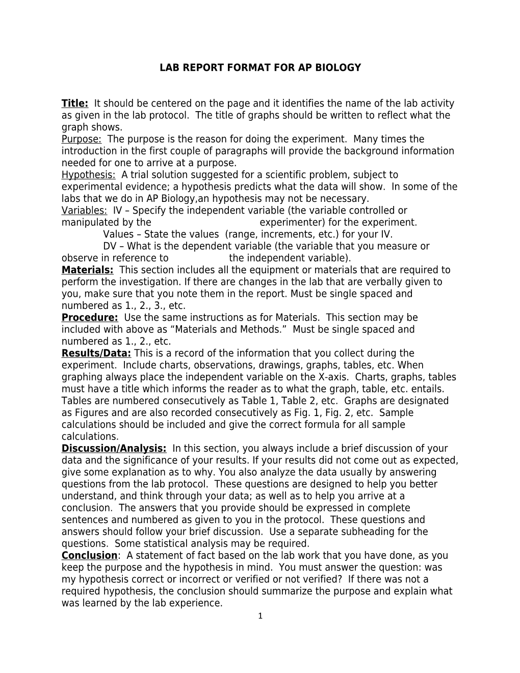 Lab Report Format for Ap Biology