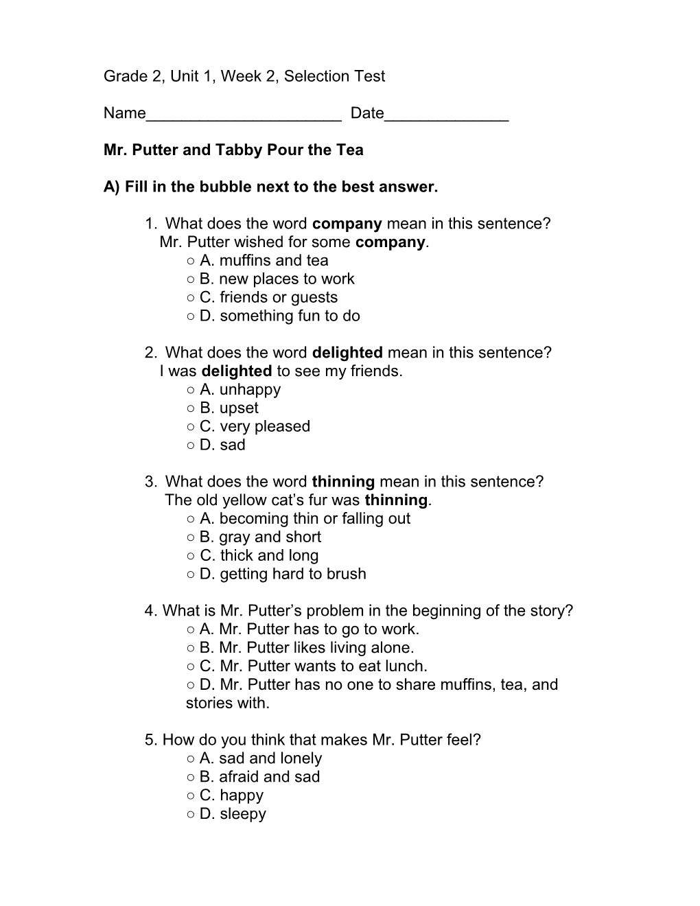 Grade 2, Unit X, Week X, Selection Test