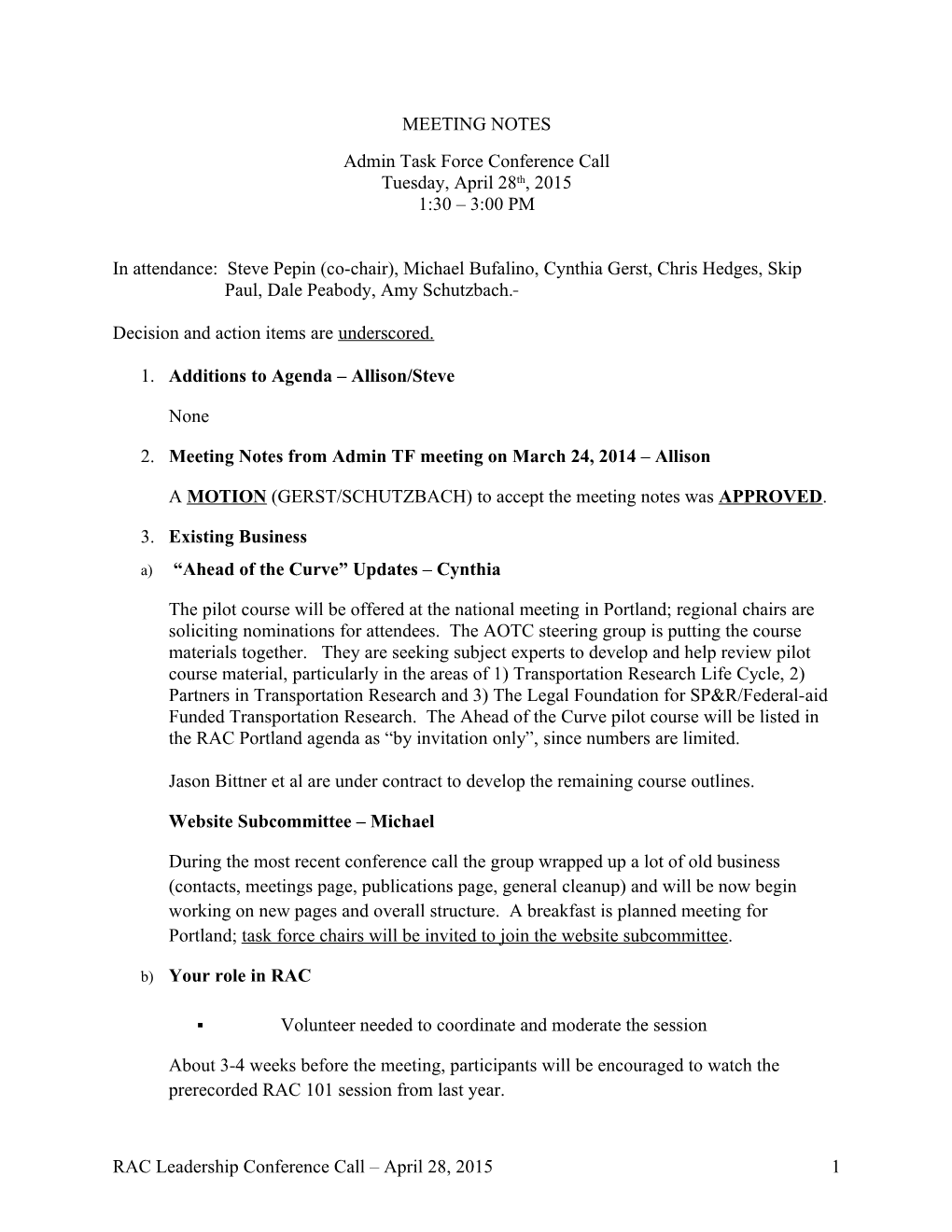 Admin TF Meeting Notes: April 28, 2015