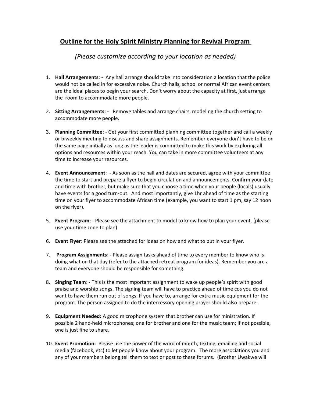 Outline for the Holy Spirit Ministry Planning for Revival Program